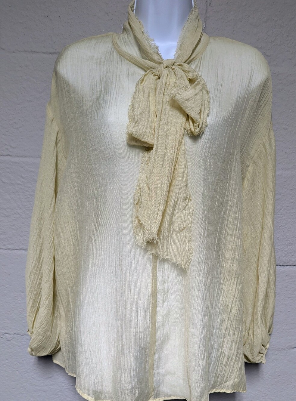 Zara Semi Sheer Loose Weave Blouse Top Neck Bow Exaggerated Sleeve Size M